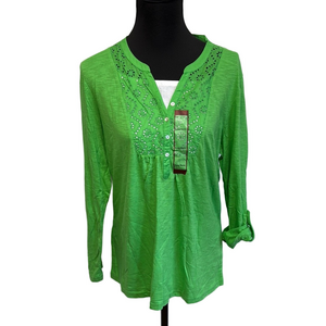 Northcrest Large Green Mandarin Collar Embellished Button Blouse NWT